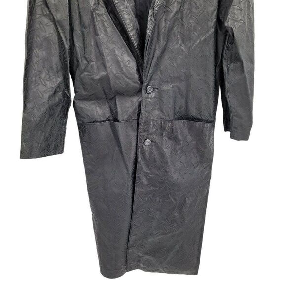 Vtg 80's Leather Trench Coat Rare Rocker Punk Tire Track Embossed Black Sz S - Picture 8 of 16